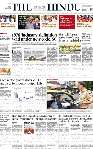 Prima pagina The Hindu (Delhi) di oggi - Quotidiano estero