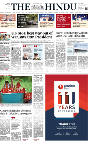 Prima pagina The Hindu (Delhi) di oggi - Quotidiano estero
