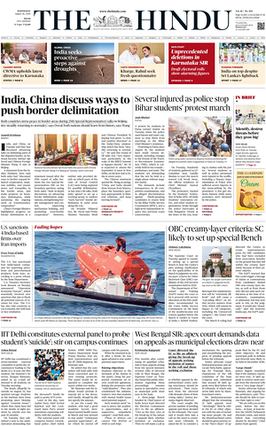 Prima pagina The Hindu (Delhi) di oggi - Quotidiano estero