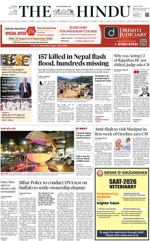 Prima pagina The Hindu (Delhi) di oggi - Quotidiano estero