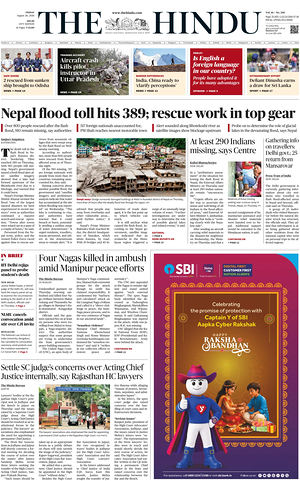 Prima pagina The Hindu (Delhi) di oggi - Quotidiano estero