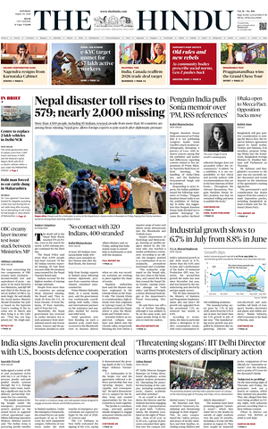 Prima pagina The Hindu (Delhi) di oggi - Quotidiano estero