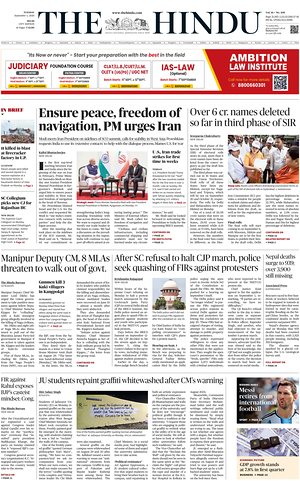 Prima pagina The Hindu (Delhi) di oggi - Quotidiano estero