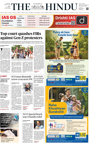 Prima pagina The Hindu (Delhi) di oggi - Quotidiano estero