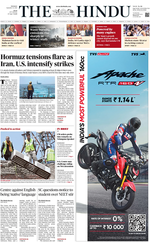 Prima pagina The Hindu (Delhi) di oggi - Quotidiano estero