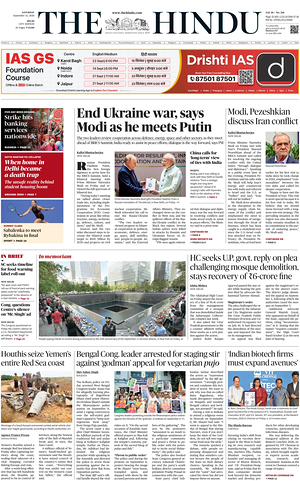 Prima pagina The Hindu (Delhi) di oggi - Quotidiano estero