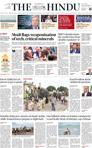 Prima pagina The Hindu (Delhi) di oggi - Quotidiano estero