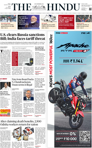 Prima pagina The Hindu (Delhi) di oggi - Quotidiano estero