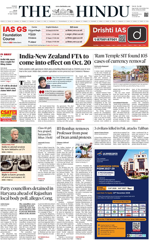 Prima pagina The Hindu (Delhi) di oggi - Quotidiano estero