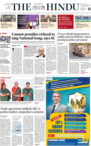 Prima pagina The Hindu (Delhi) di oggi - Quotidiano estero