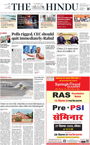 Prima pagina The Hindu (Delhi) di oggi - Quotidiano estero