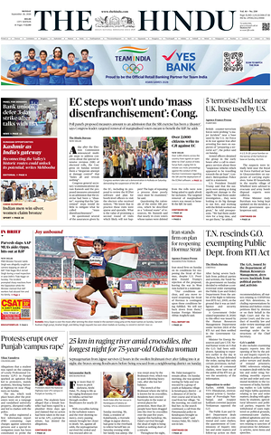 Prima pagina The Hindu (Delhi) di oggi - Quotidiano estero
