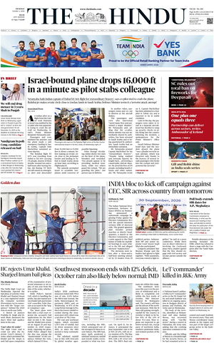 Prima pagina The Hindu (Delhi) di oggi - Quotidiano estero
