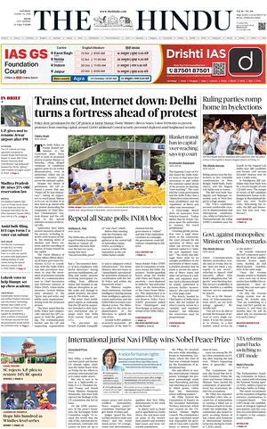 Prima pagina The Hindu (Delhi) di oggi - Quotidiano estero