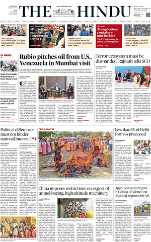 Prima pagina The Hindu (Delhi) di oggi - Quotidiano estero