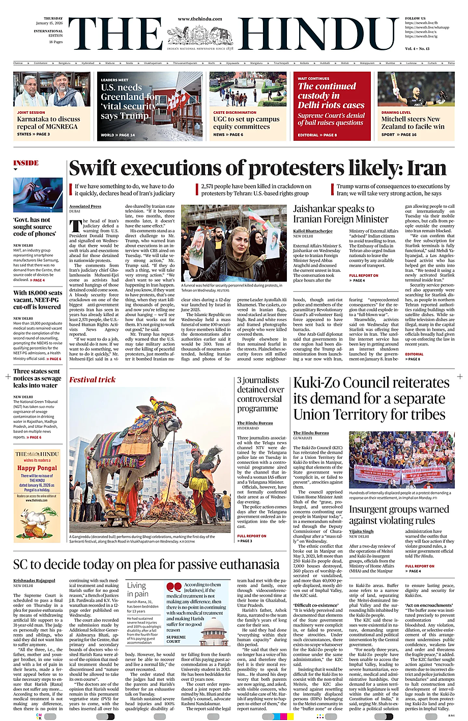 Prima pagina The Hindu - International di oggi - Edicola 15 Gennaio 2026