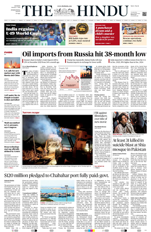 Prima pagina The Hindu - International di oggi - Quotidiano estero