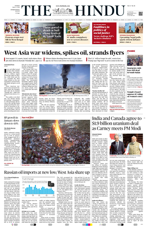 Prima pagina The Hindu - International di oggi - Quotidiano estero
