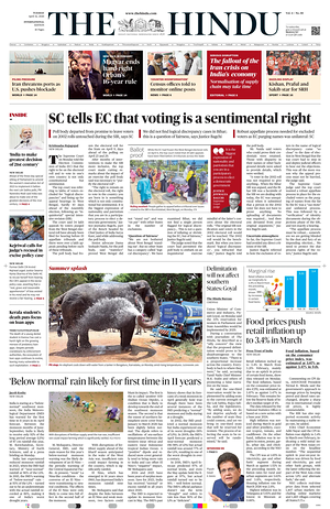 Prima pagina The Hindu - International di oggi - Quotidiano estero