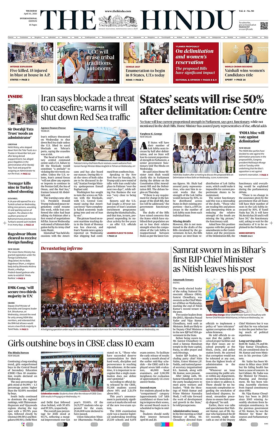 Prima pagina The Hindu - International di oggi - Edicola 16 Aprile 2026