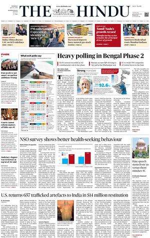 Prima pagina The Hindu - International di oggi - Quotidiano estero