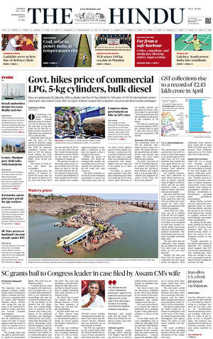 Prima pagina The Hindu - International di oggi - Quotidiano estero