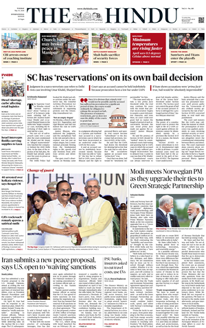 Prima pagina The Hindu - International di oggi - Quotidiano estero