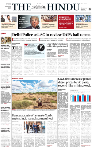 Prima pagina The Hindu - International di oggi - Quotidiano estero