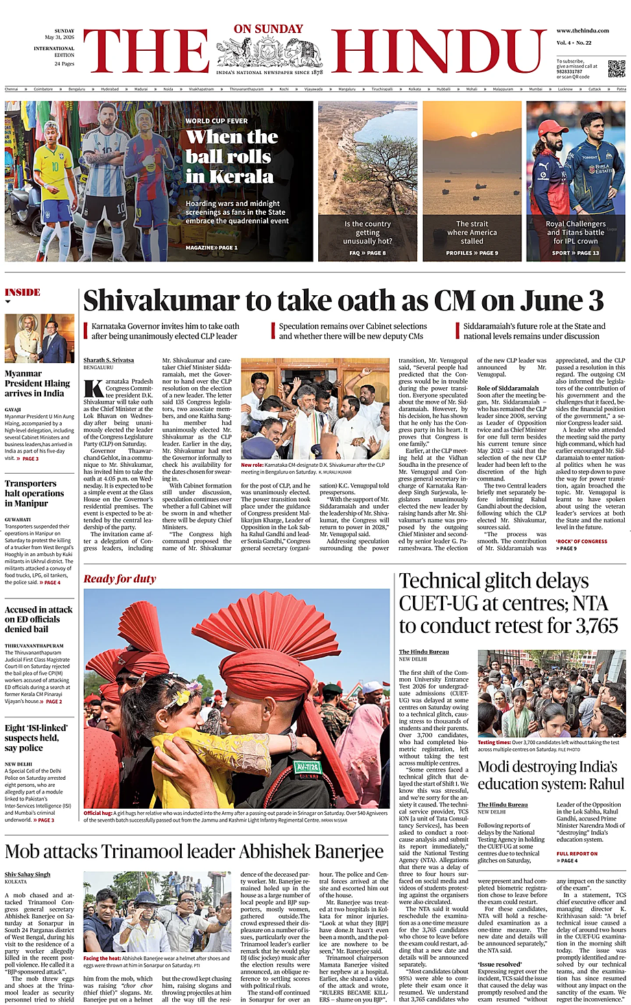 Prima pagina The Hindu - International di oggi - Edicola 31 Maggio 2026