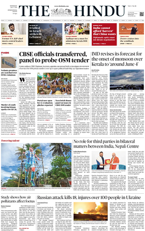 Prima pagina The Hindu - International di oggi - Quotidiano estero