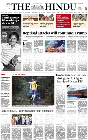 Prima pagina The Hindu - International di oggi - Quotidiano estero