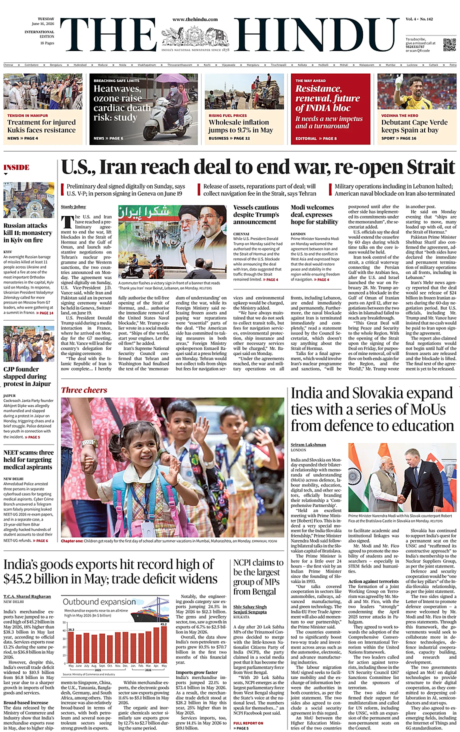 Portada The Hindu - International de hoy - Quiosco 16 junio 2026