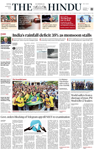 Prima pagina The Hindu - International di oggi - Quotidiano estero