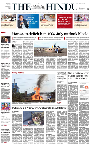 Prima pagina The Hindu - International di oggi - Quotidiano estero