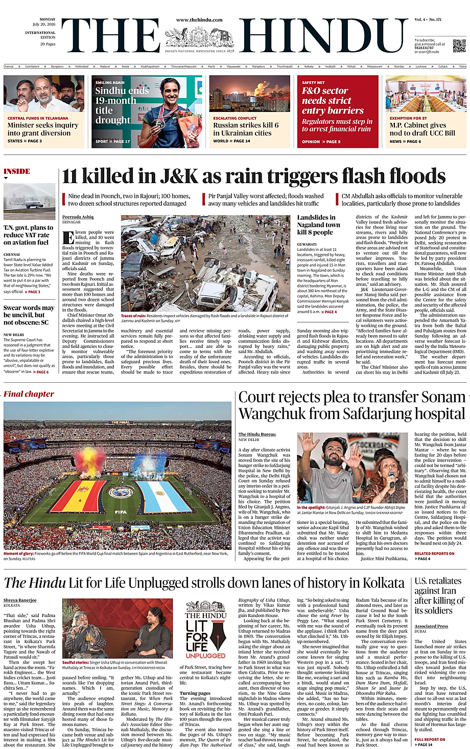 Prima pagina The Hindu - International di oggi - Edicola 20 Luglio 2026