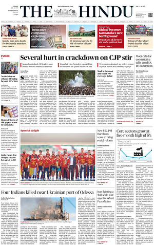 Prima pagina The Hindu - International di oggi - Quotidiano estero