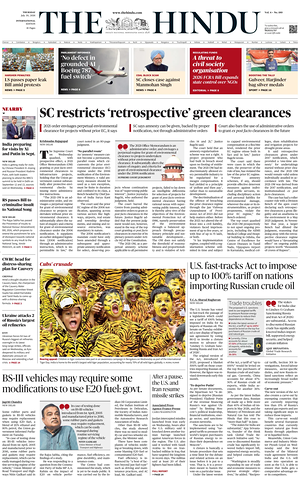 Prima pagina The Hindu - International di oggi - Quotidiano estero