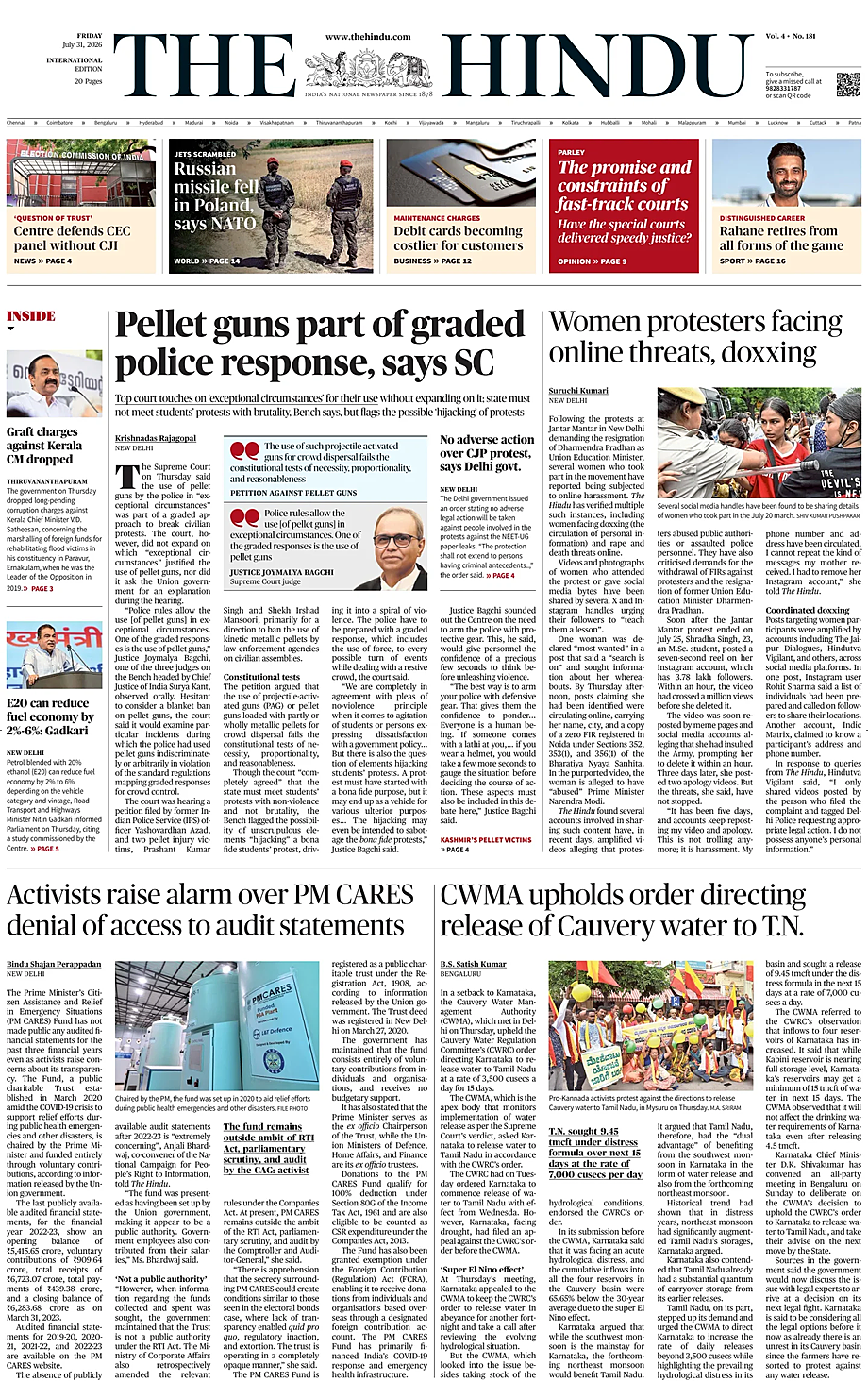 Portada The Hindu - International de hoy - Quiosco 31 julio 2026