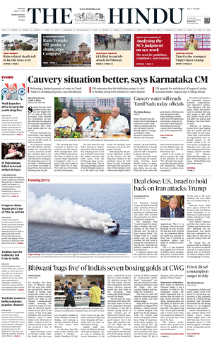 Prima pagina The Hindu - International di oggi - Quotidiano estero