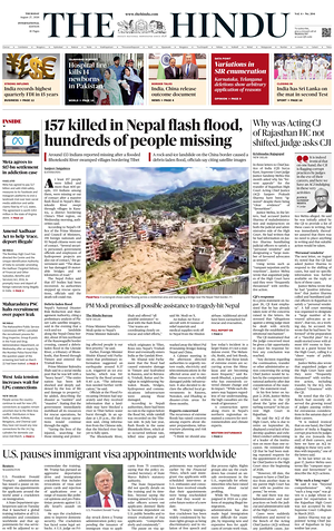 Prima pagina The Hindu - International di oggi - Quotidiano estero
