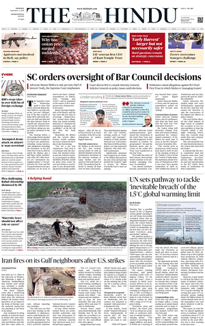 Prima pagina The Hindu - International di oggi - Quotidiano estero