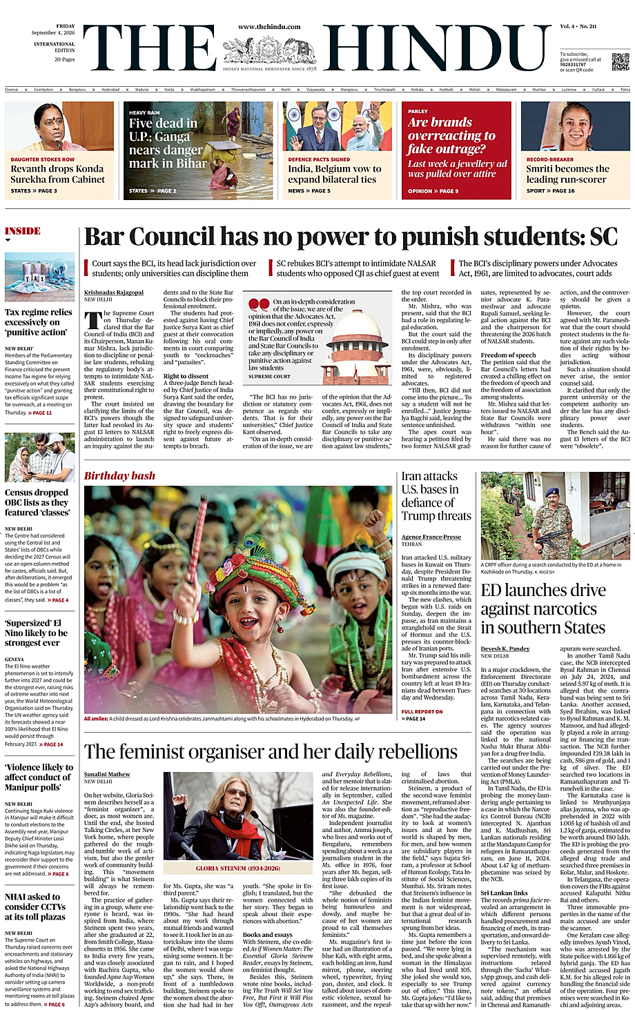 Prima pagina The Hindu - International di oggi - Edicola 4 Settembre 2026