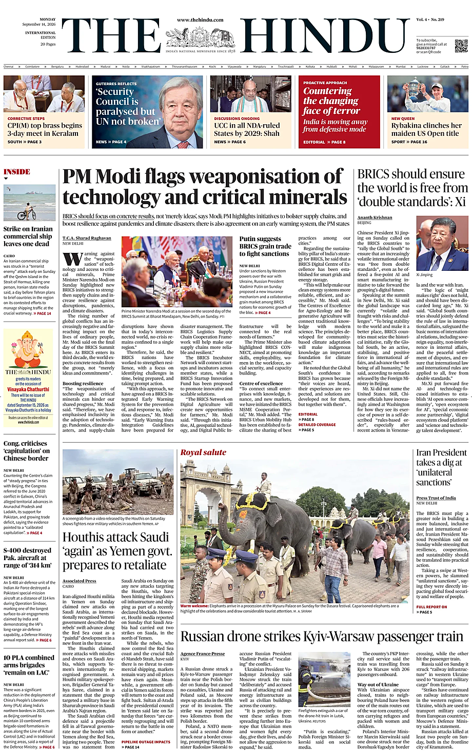 Portada The Hindu - International de hoy - Quiosco 14 septiembre 2026