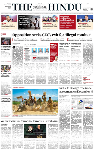 Prima pagina The Hindu - International di oggi - Quotidiano estero