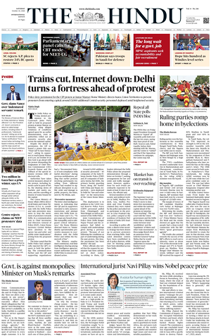 Prima pagina The Hindu - International di oggi - Quotidiano estero
