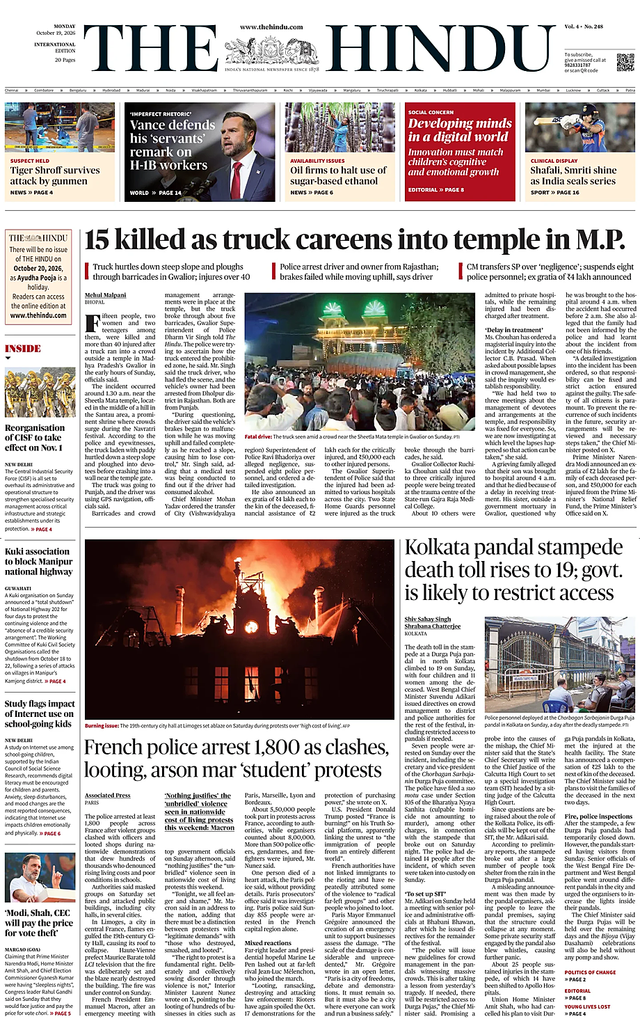 Prima pagina The Hindu - International di oggi - Edicola 19 Ottobre 2026