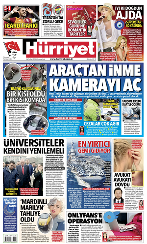 Prima pagina Hurriyet di oggi - Quotidiano estero
