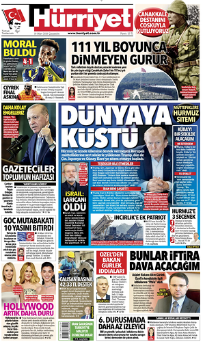 Prima pagina Hurriyet di oggi - Quotidiano estero