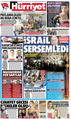 Prima pagina Hurriyet di oggi - Quotidiano estero