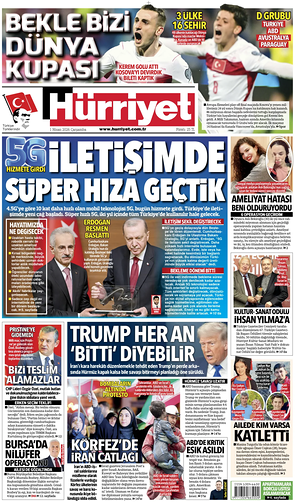Prima pagina Hurriyet di oggi - Quotidiano estero